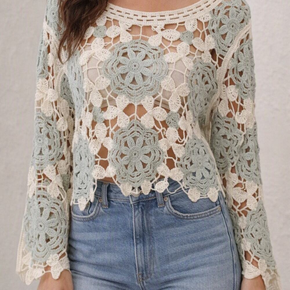 Hem & Thread Garden Hideaway Crochet Floral Top NWT Size S/M Boho Chic